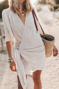 V Neck Tie Waist Short Sleeve Linen Wrap Mini Dress