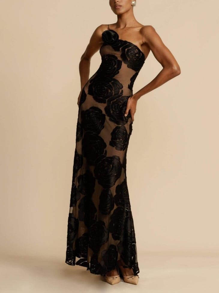 Floral Lace One-Shoulder Homecoming Dress