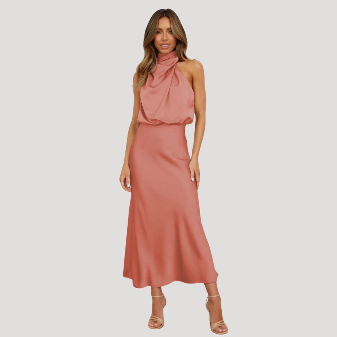 Satin High Neck Halter Homecoming Maxi Dress