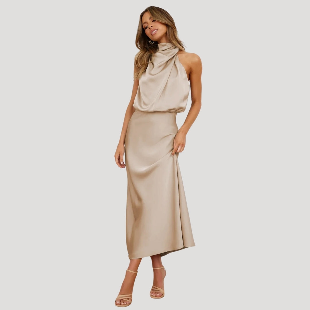 Satin High Neck Halter Homecoming Maxi Dress