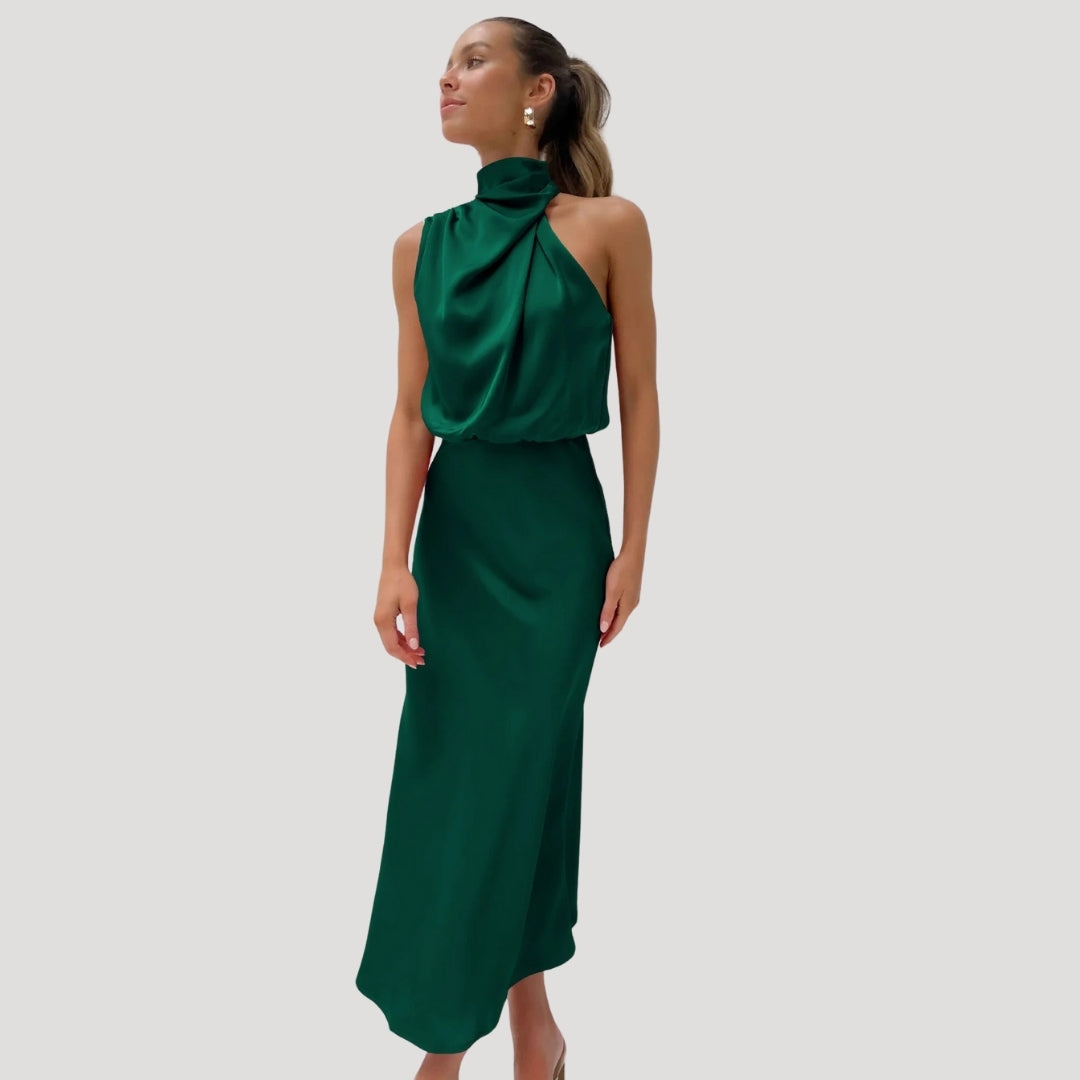 Satin High Neck Halter Homecoming Maxi Dress
