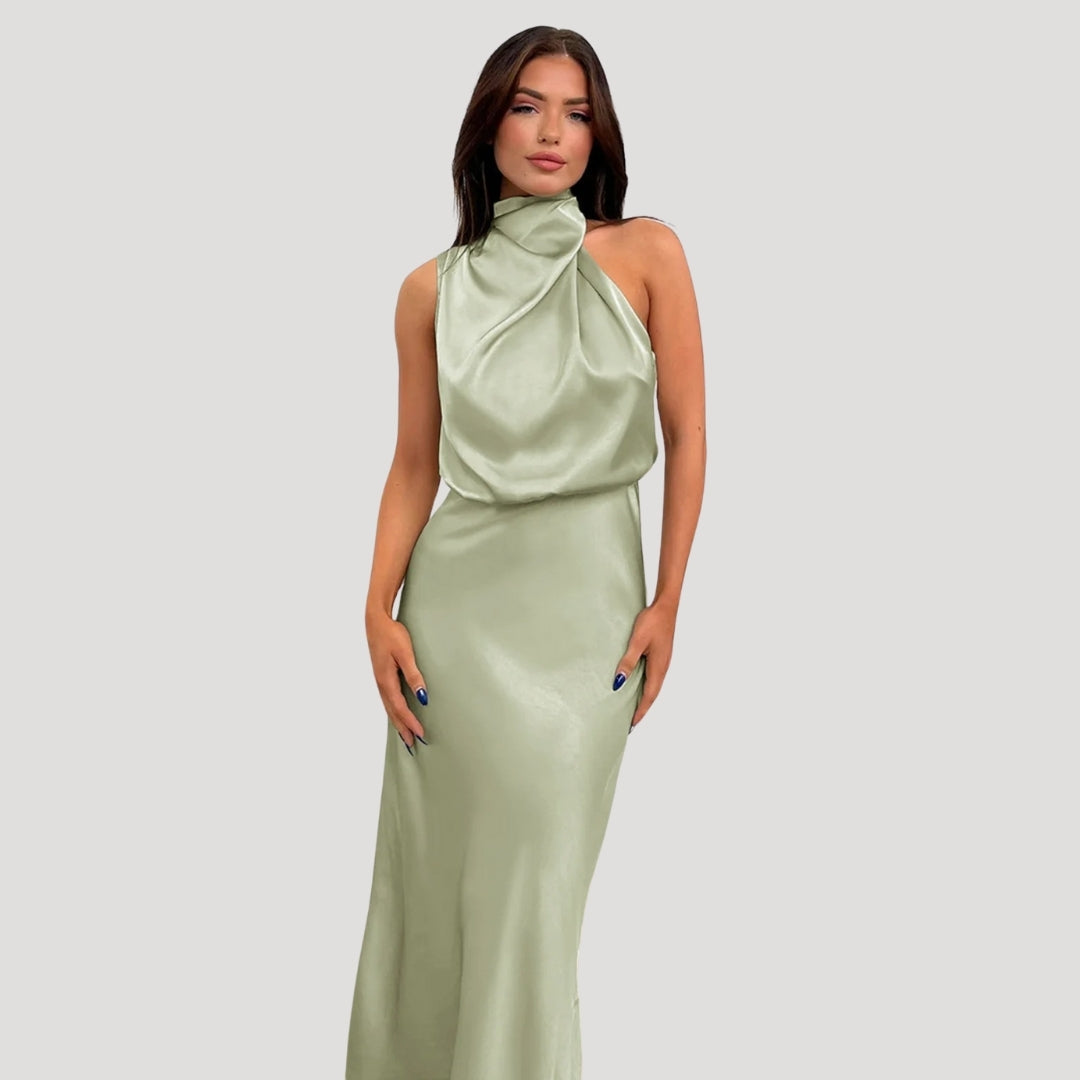 Satin High Neck Halter Homecoming Maxi Dress