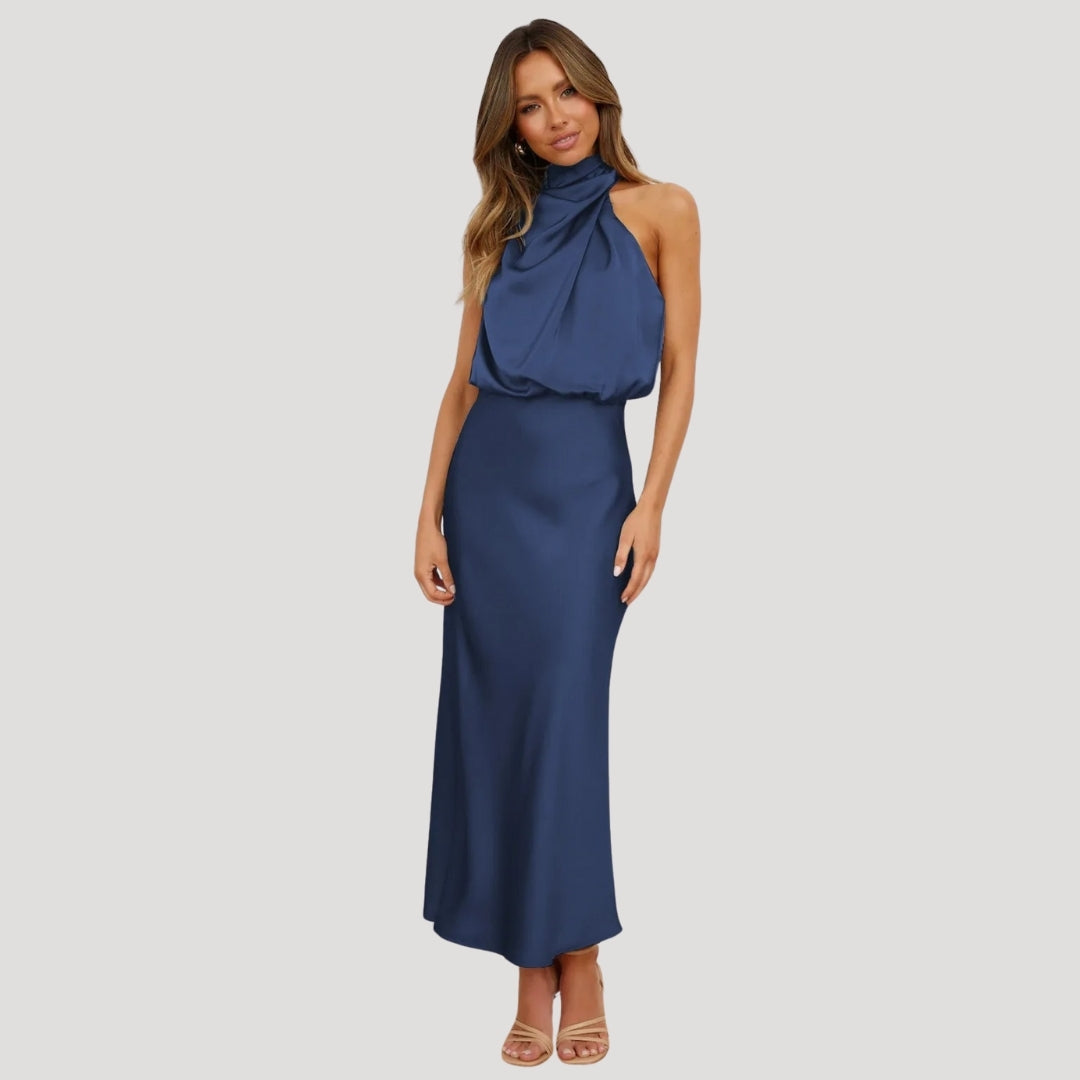 Satin High Neck Halter Homecoming Maxi Dress