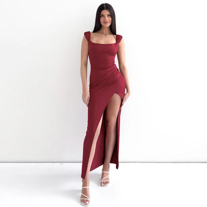 Square Neck Ruched Slit Homecoming Maxi Dress
