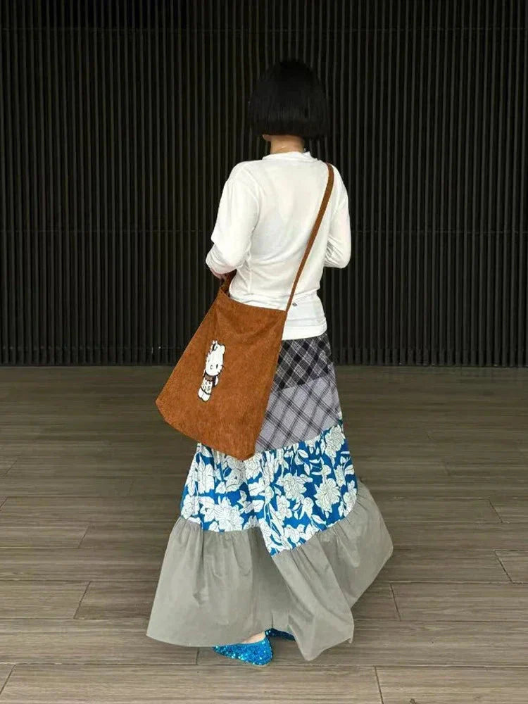 Y2K Blue Flower Patch Full Skirt Personalized Large Pocket Skirt