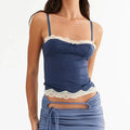Lace Trim Spaghetti Strap Vintage Slim Crop Top