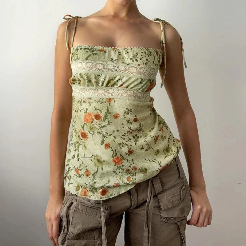 Y2K Floral Print Contrast Lace Patchwork Lace-up Coquette Grunge Crop Top