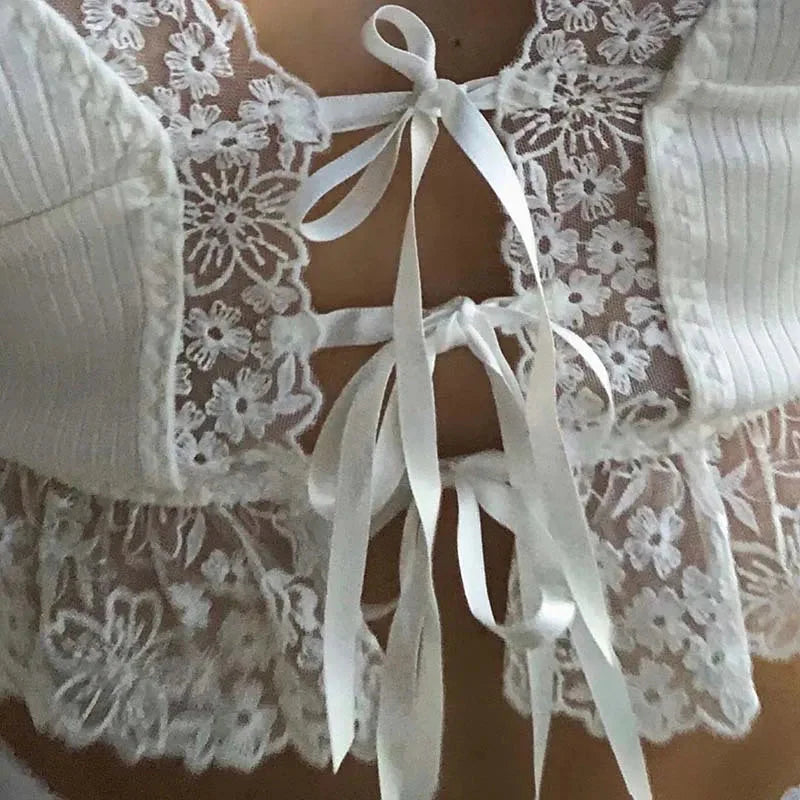 Sexy Deep V-neck Lace Ribbed White Crop Top