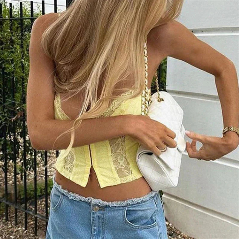 Y2K V-neck Bshoptier Vintage Lace Trim Backless Slim Fit Camisole Crop Top