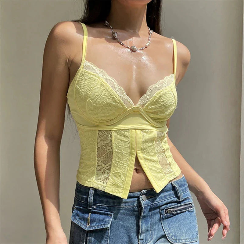 Y2K V-neck Bshoptier Vintage Lace Trim Backless Slim Fit Camisole Crop Top