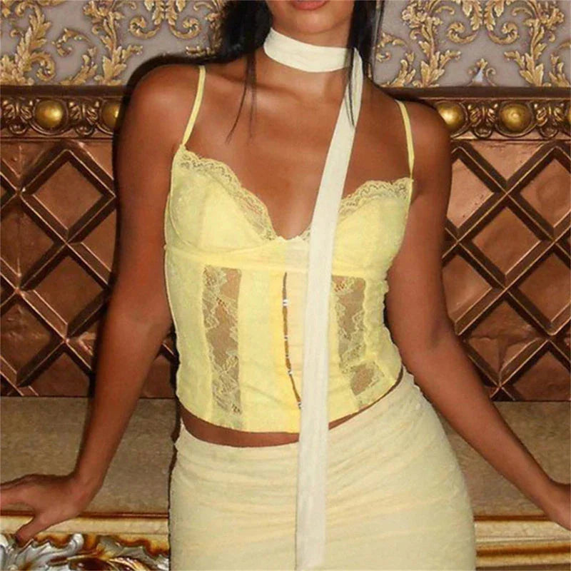 Y2K V-neck Bshoptier Vintage Lace Trim Backless Slim Fit Camisole Crop Top
