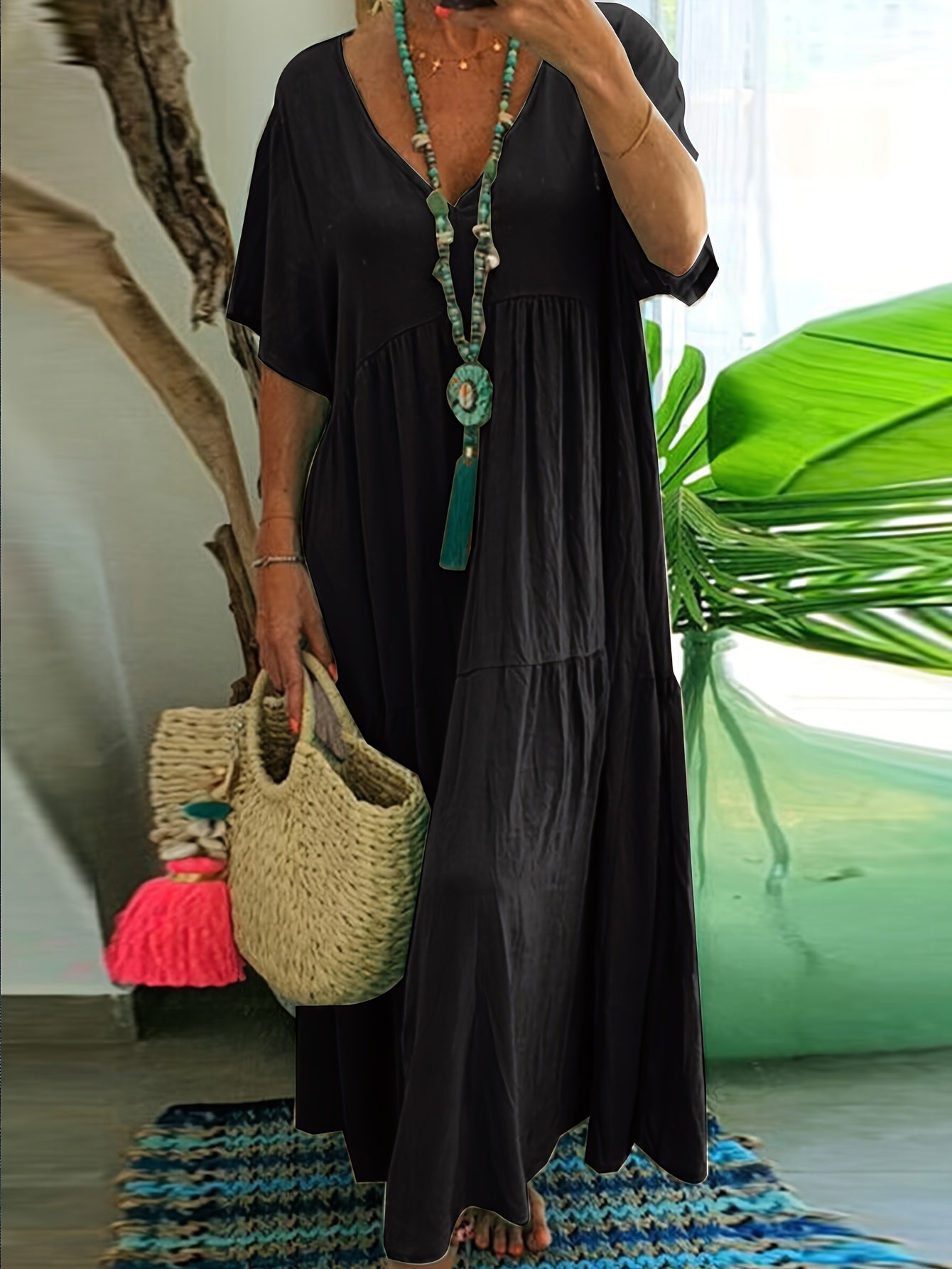Flowy V Neck Tiered Cotton Maxi Dress for Plus Size
