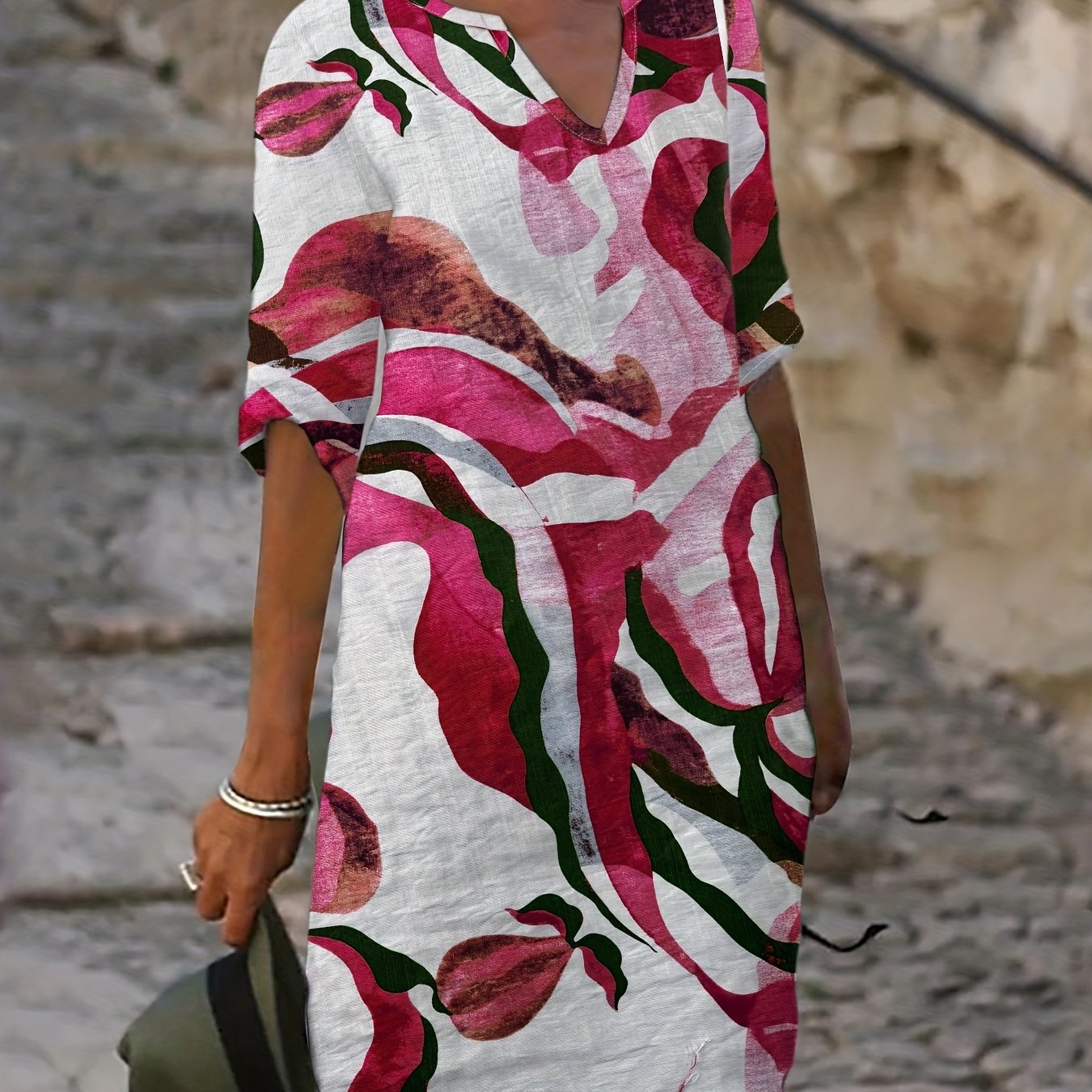 Women's Spring/Autumn Casual Straight-Leg V-Neck Printed Dress