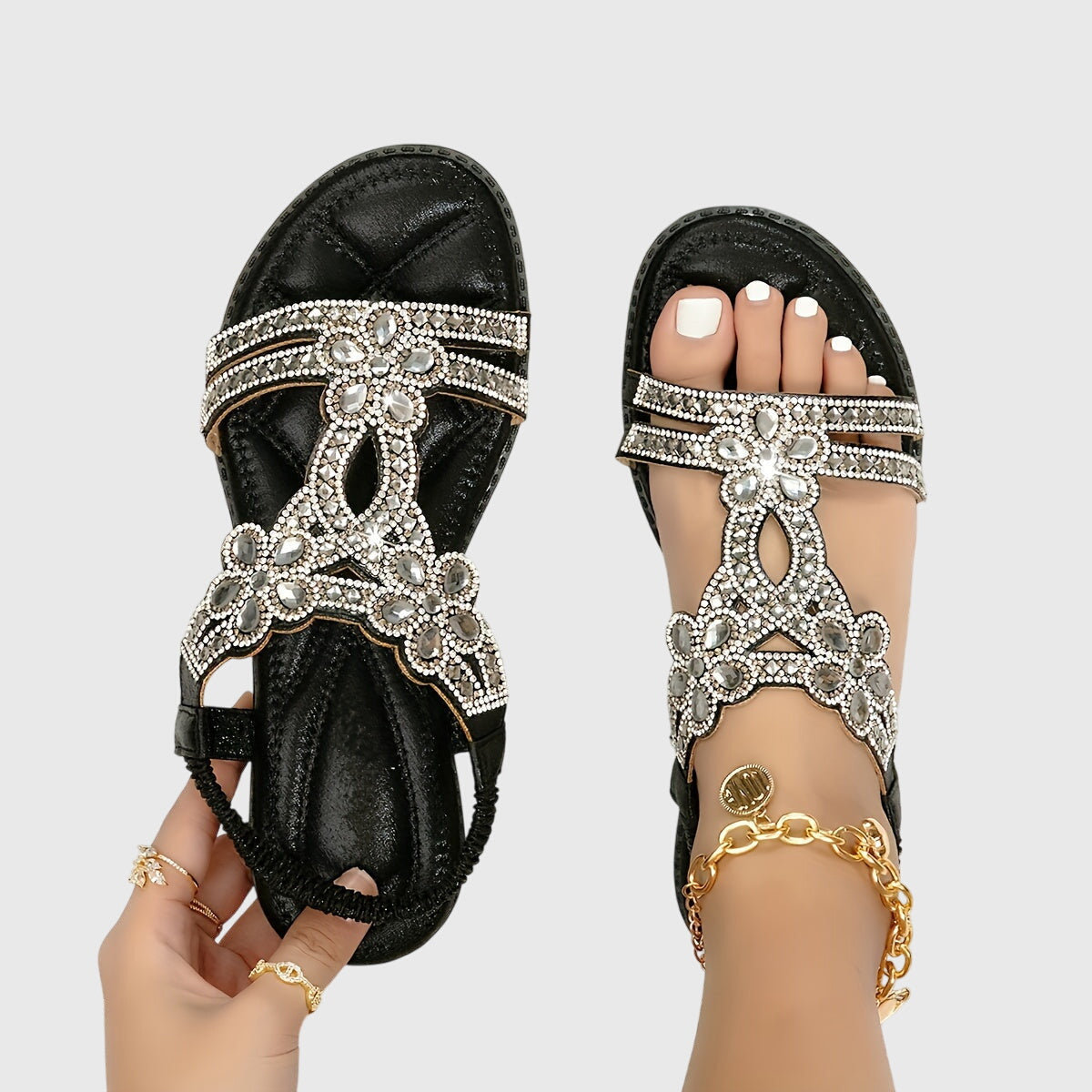 Rhinestone Embellished Boho Flat Sandal - Vacation Resort