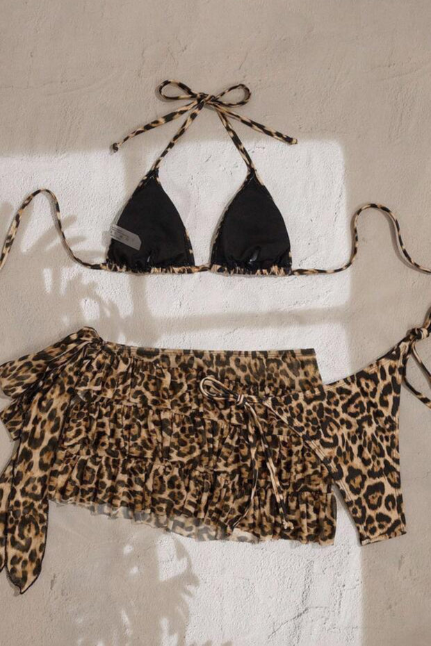 Leopard Ruffle Skirt Three Piece Swim Set