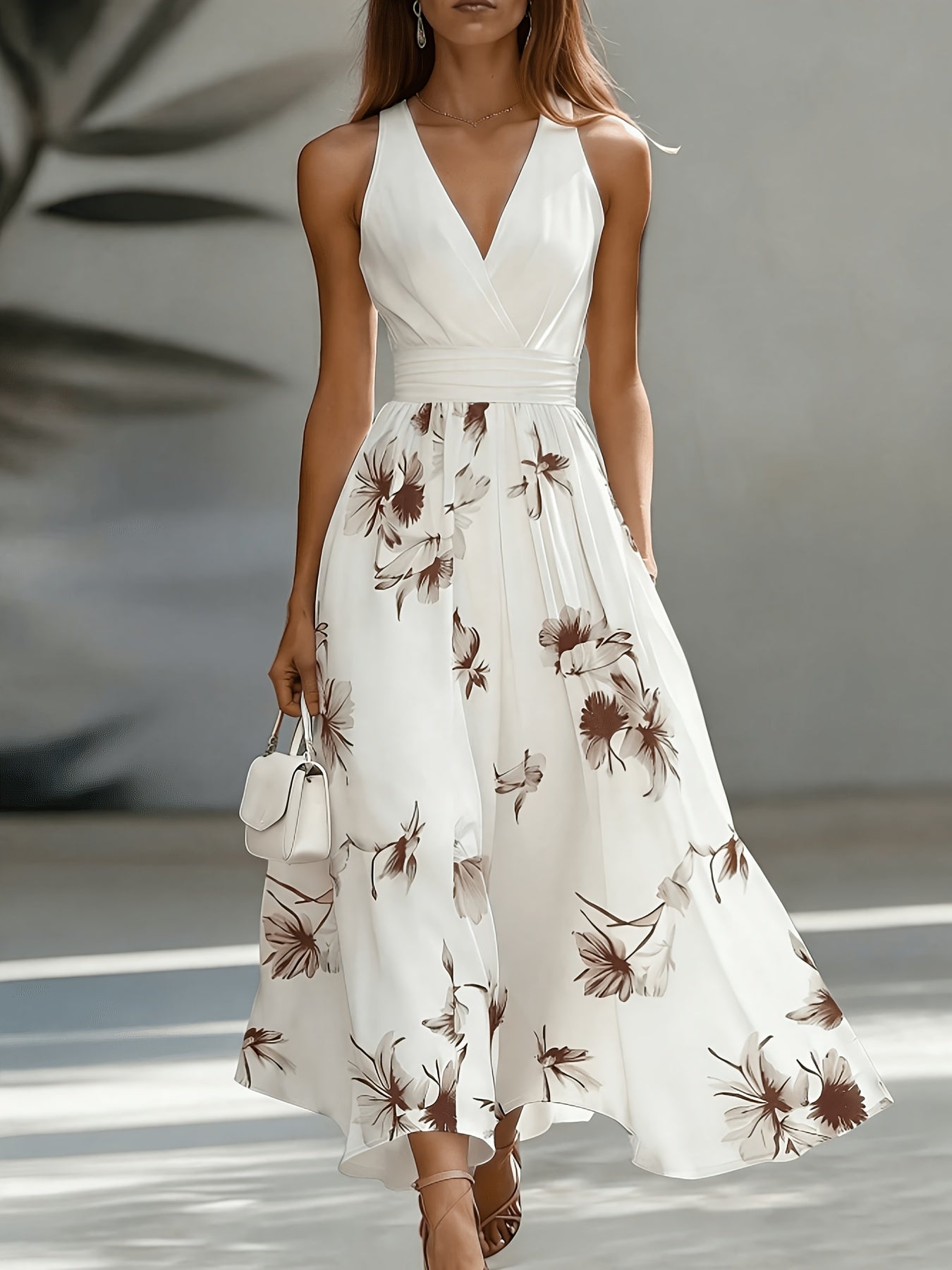 Floral Wrap V Neck Sleeveless A Line Maxi Dress - Wedding Guest