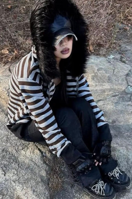 Woman wearing Striped Zip Hoodie with Faux-Fur Hood from Hicosy — view 3
