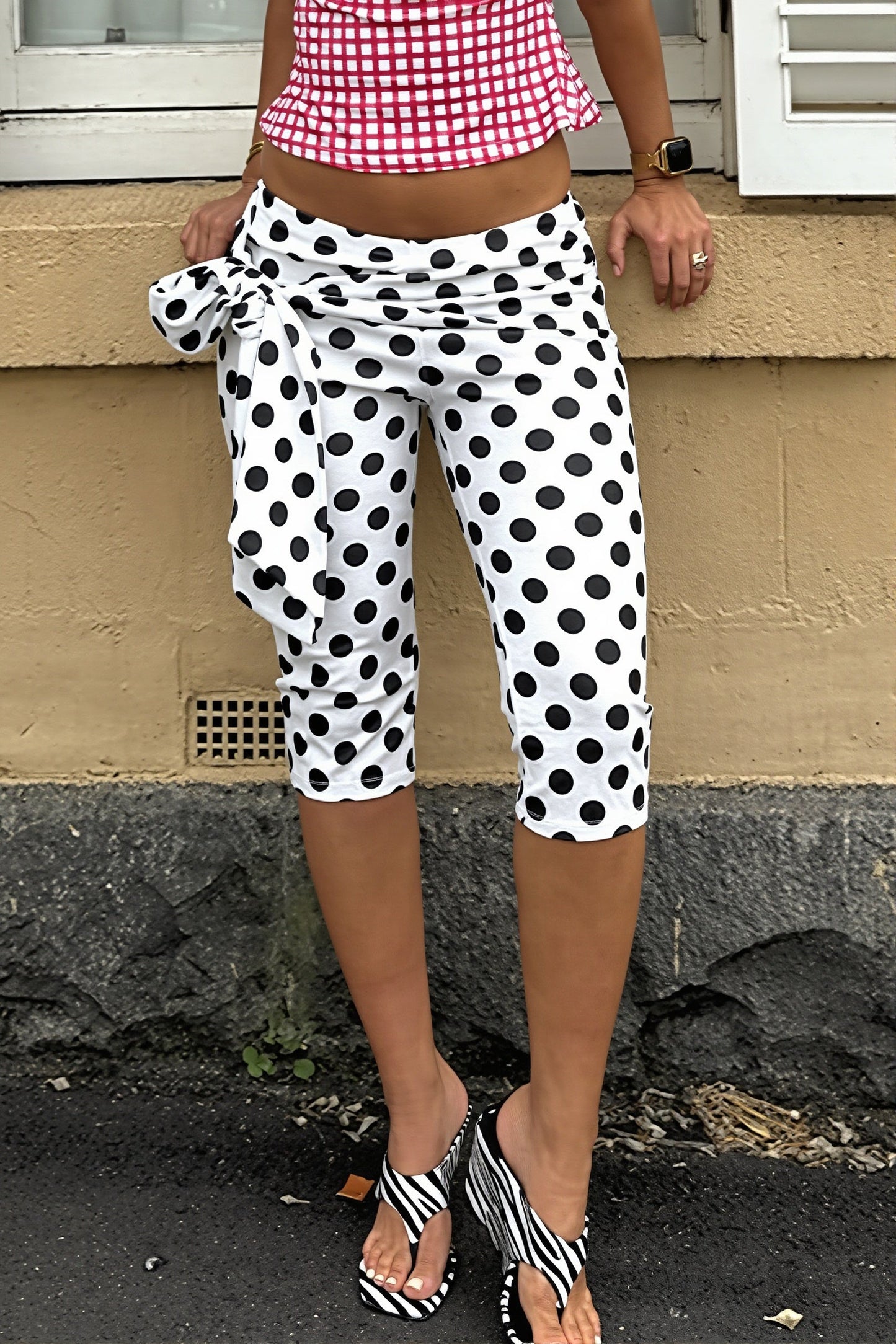 Polka Dot Print Tie Cropped Pants