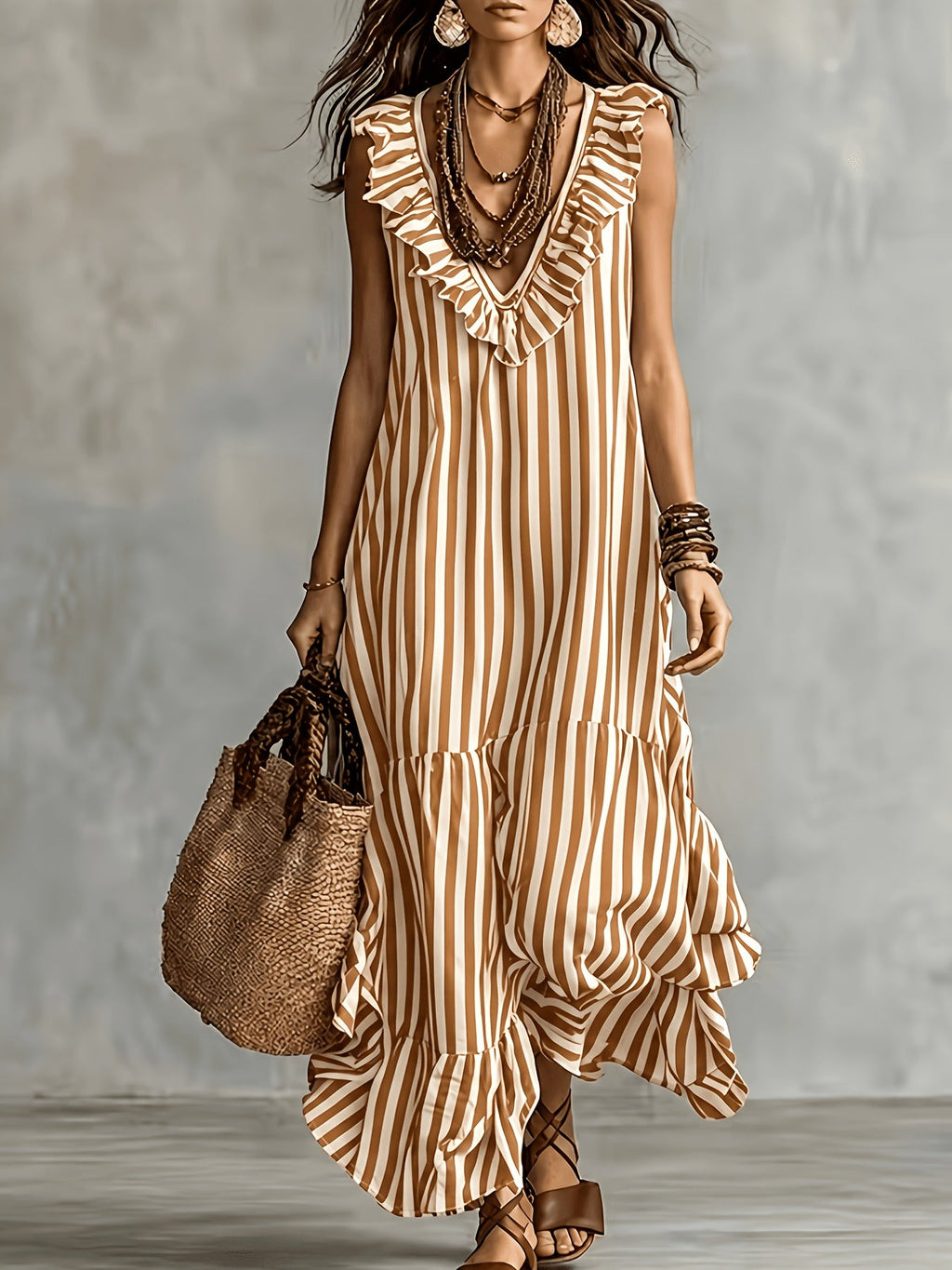 Striped Ruffled V Neck Boho Maxi Dress for Vacation