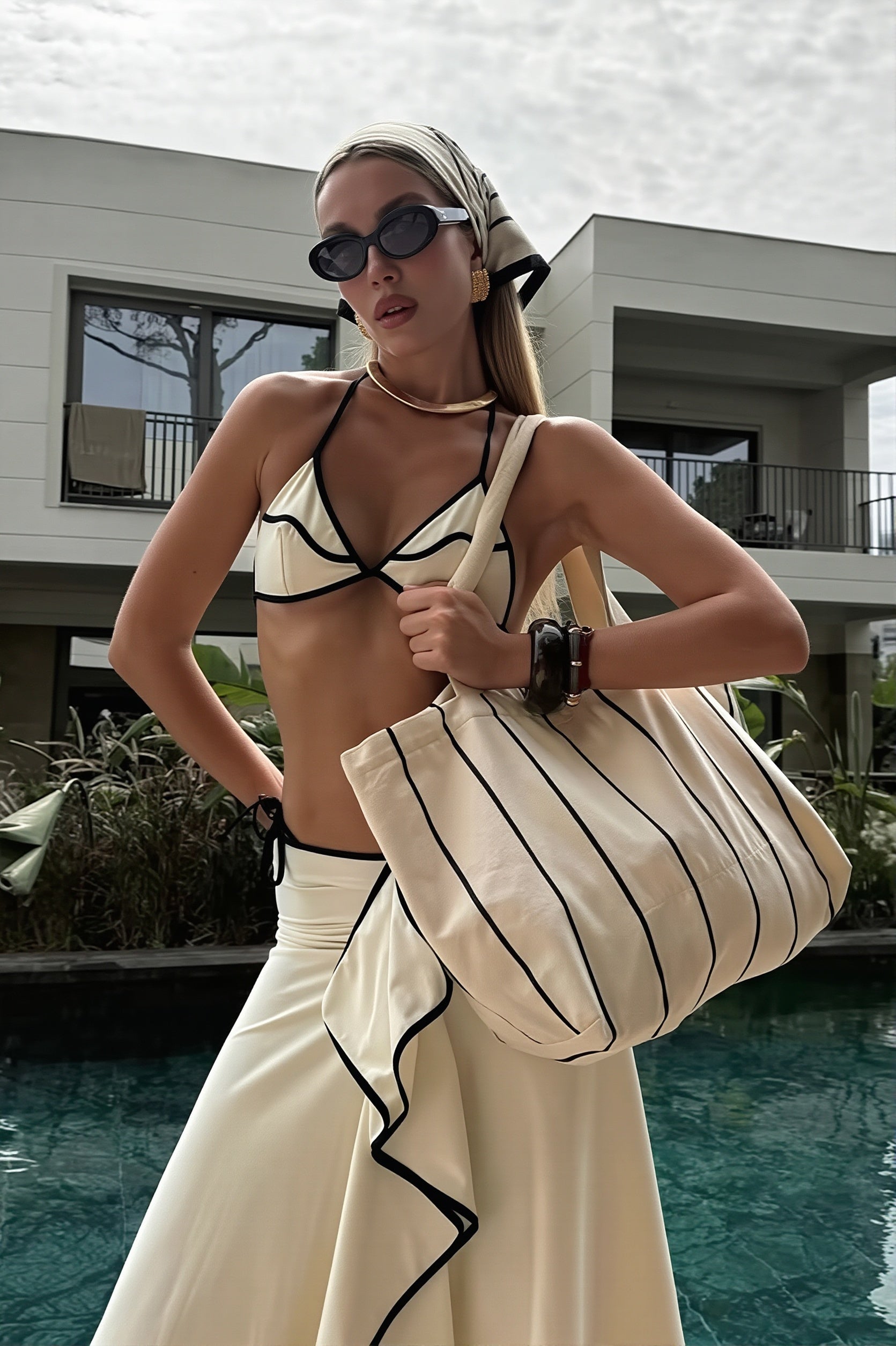 Solid Two Piece Bikini With Long Skirt Three Piece Swim Sets