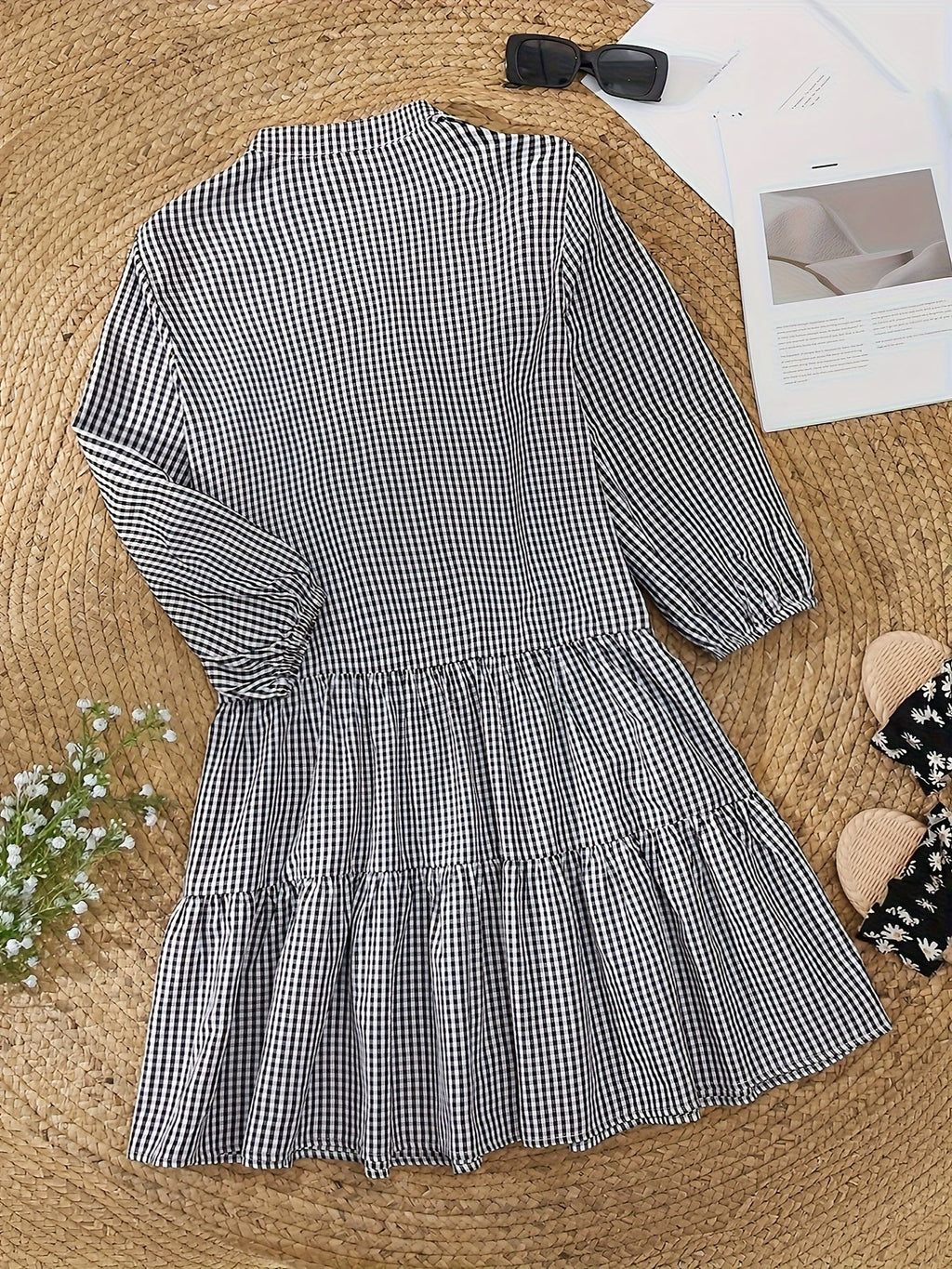 Gingham Check Button Front Tiered Ruffle Hem Mini Dress