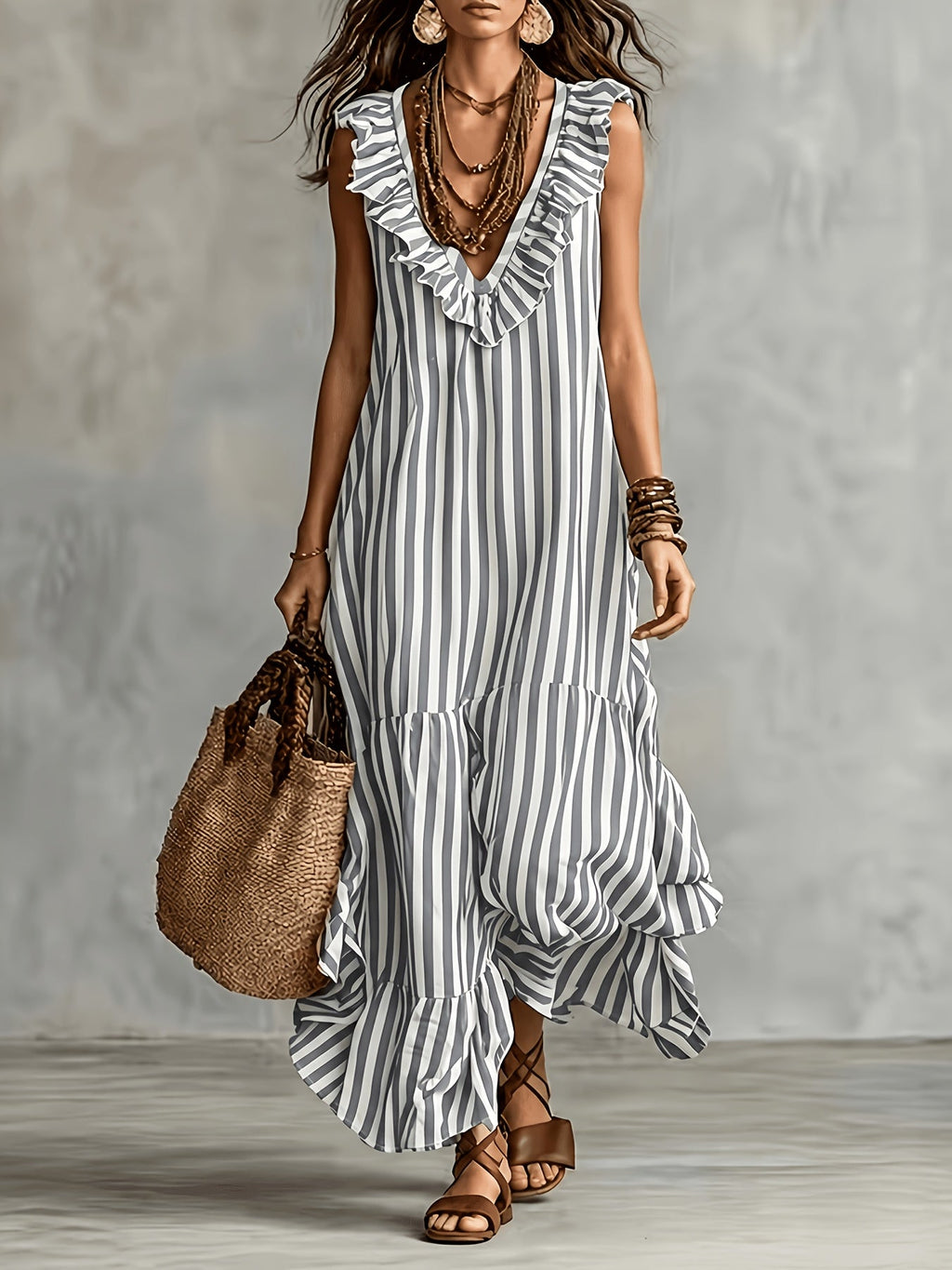 Striped Ruffled V Neck Boho Maxi Dress for Vacation