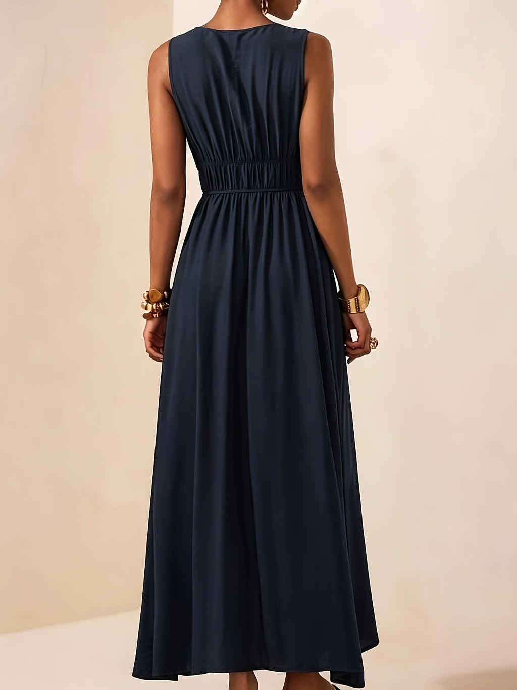 Gold Ring Strap Ruched Bust V Neck Flowy Maxi Dress