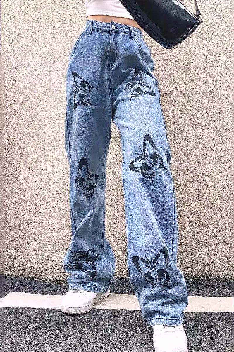 Butterfly Print Loose Straight Jeans