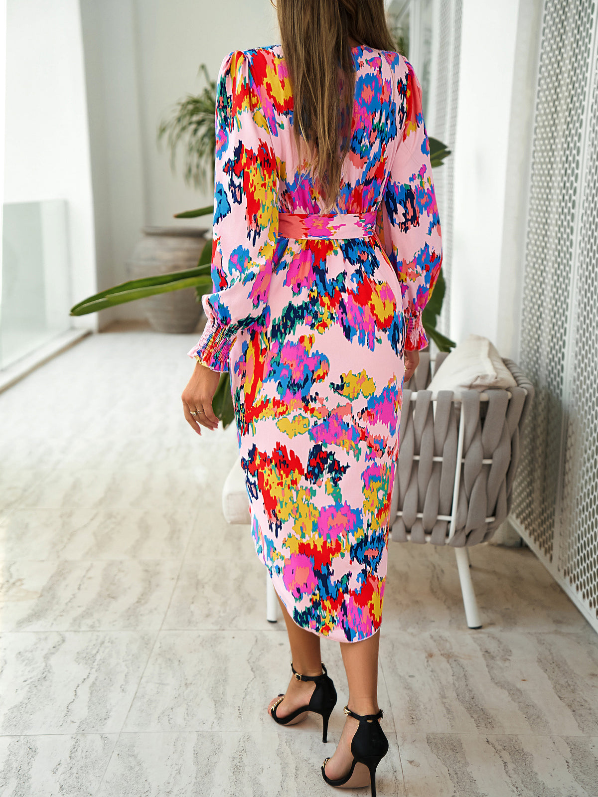 Stylish Plunging Neckline Long Bohemian Printed Dress – view 6