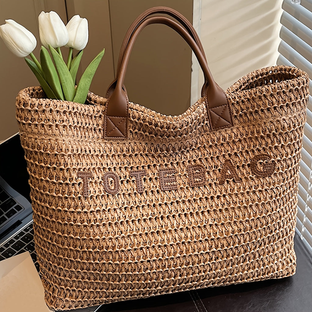 Large Woven Tote Bag with Leather Handles