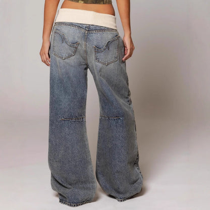 Washed Blue Vintage Denim Jeans for Women | Loose Fit Straight Leg