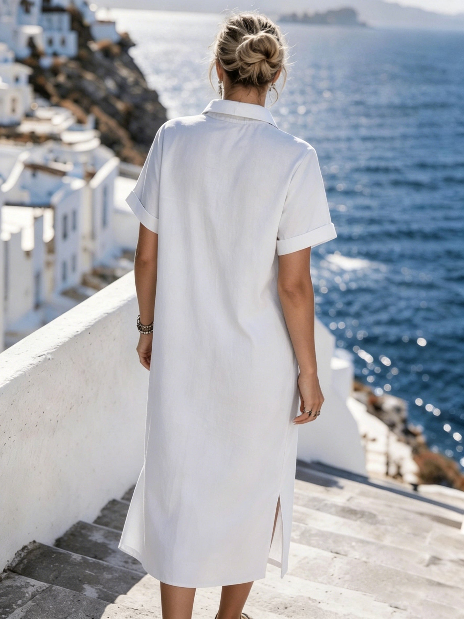 Button-Front Short Sleeve Shirt Dress for Vacation