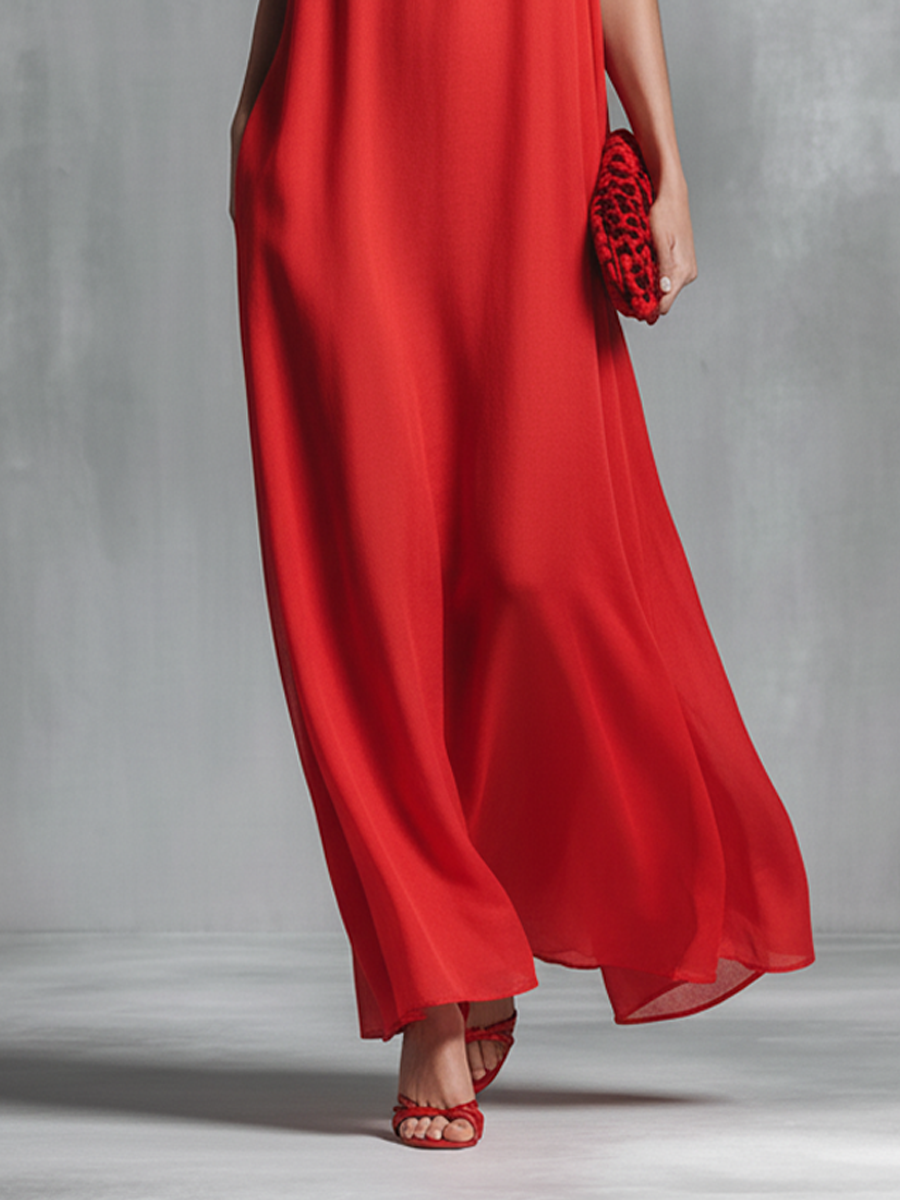 Spaghetti Strap V Neck Flowy Chiffon Maxi Dress