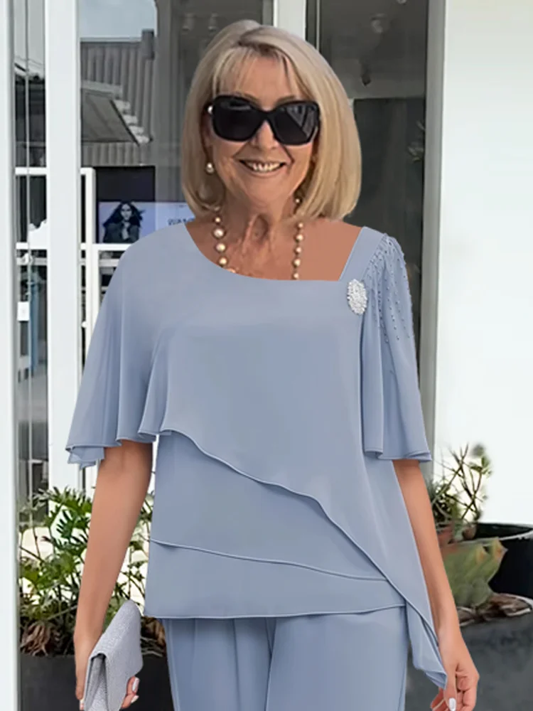 Chiffon Cape Top Trouser Two Piece Set - Formal Occasion