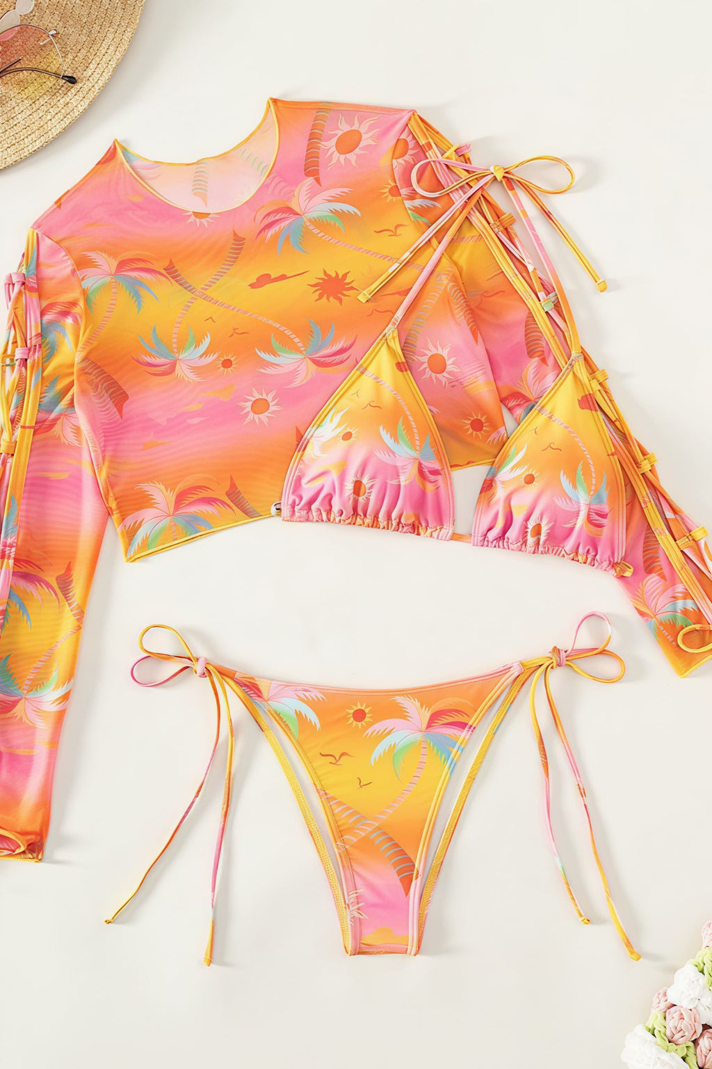 Floral Print Bikini With Long Sleeve Cover Three Piece Swim Sets