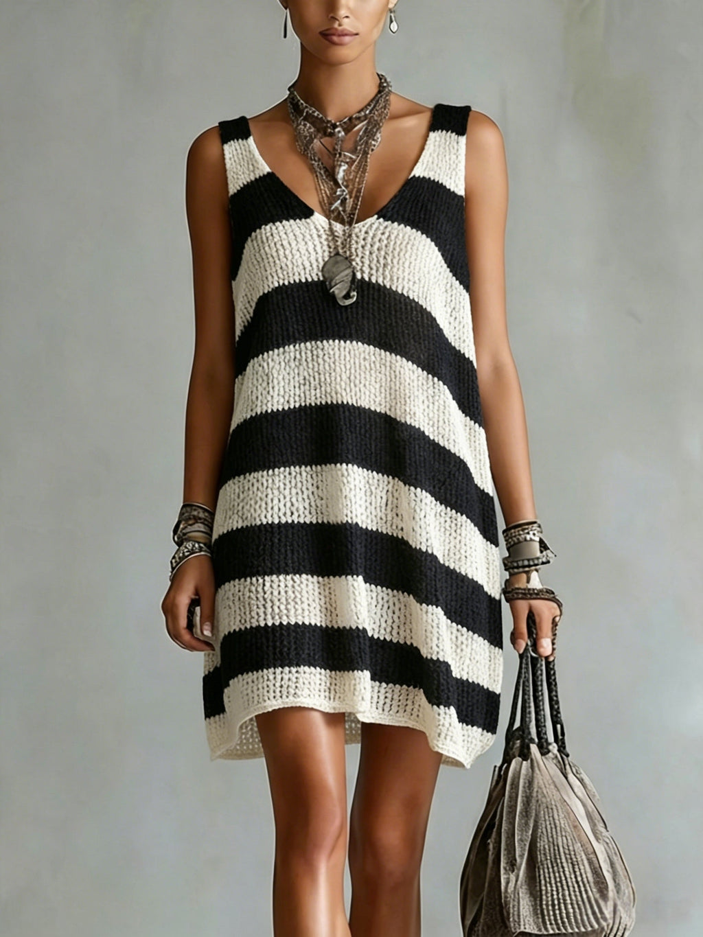 Striped V Neck Knit Casual Mini Dress for Vacation