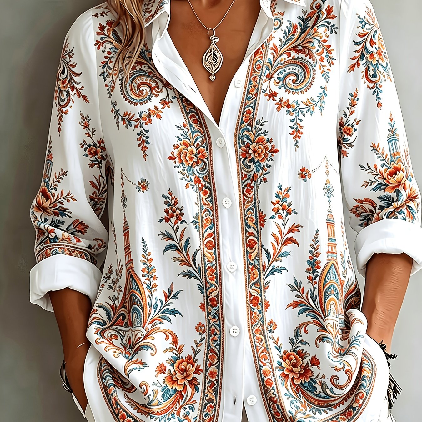 Floral Paisley Print Long Sleeve Oversized Casual Blouse