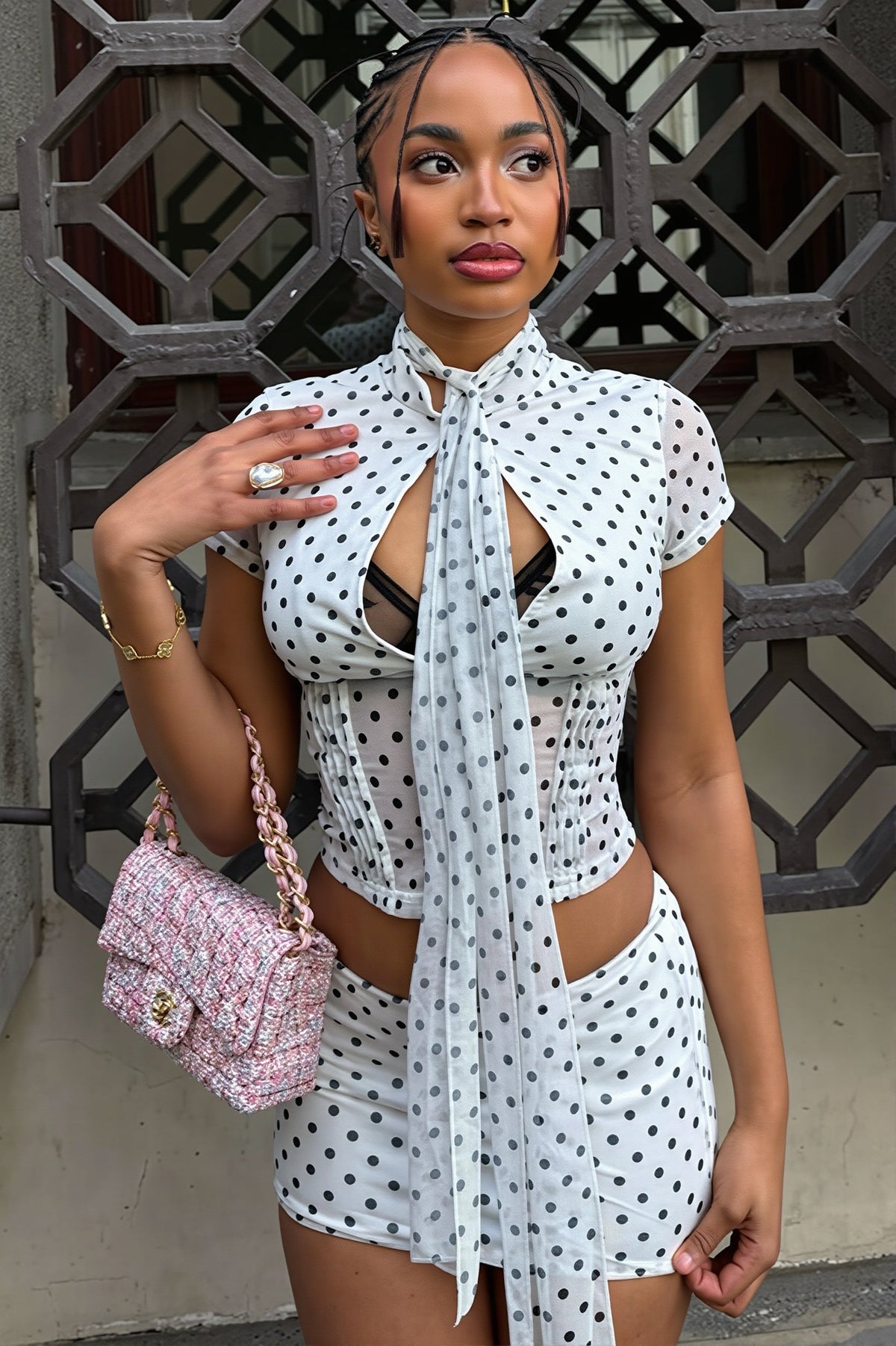 Woman wearing Fitted Polka Short-Sleeve Set from Hicosy