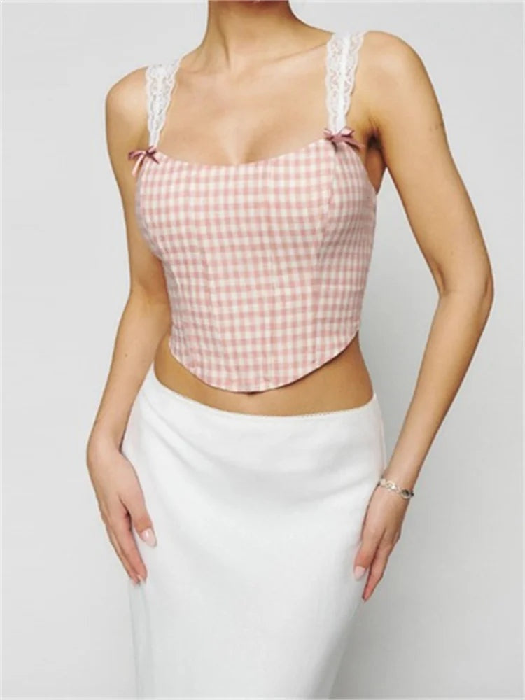 Slim Lace Strap Plaid Floral Print Crop Top