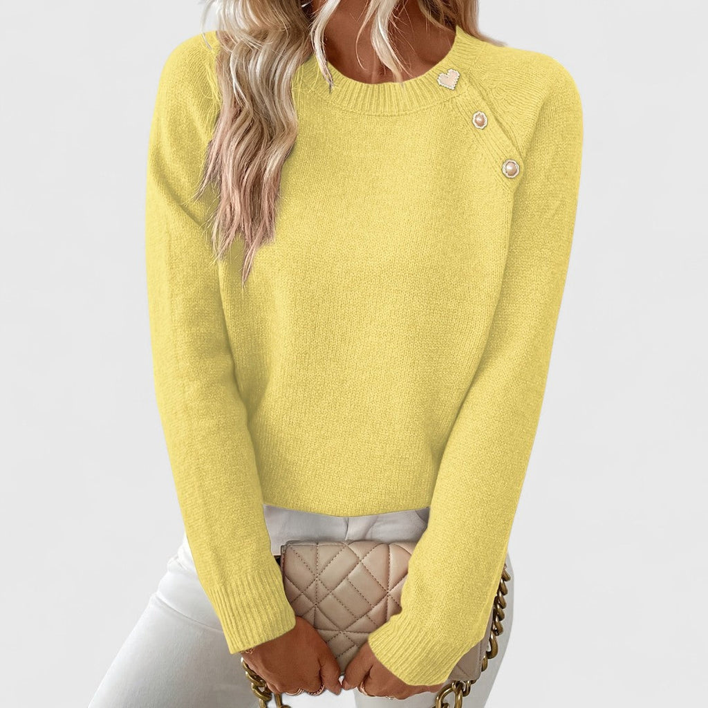 Vespera | Women's Crew Neck Sweater with Button Shoulder Detail