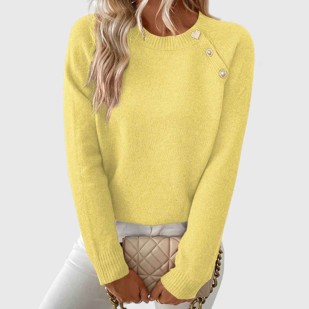 Vespera | Women's Crew Neck Sweater with Button Shoulder Detail
