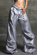 Letter Print Contrast Satin Straight Leg Pants