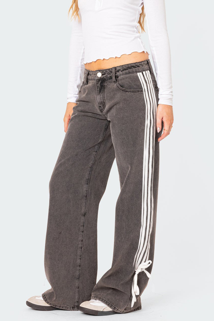 Lace Up Side Stripe Wide Leg Jeans