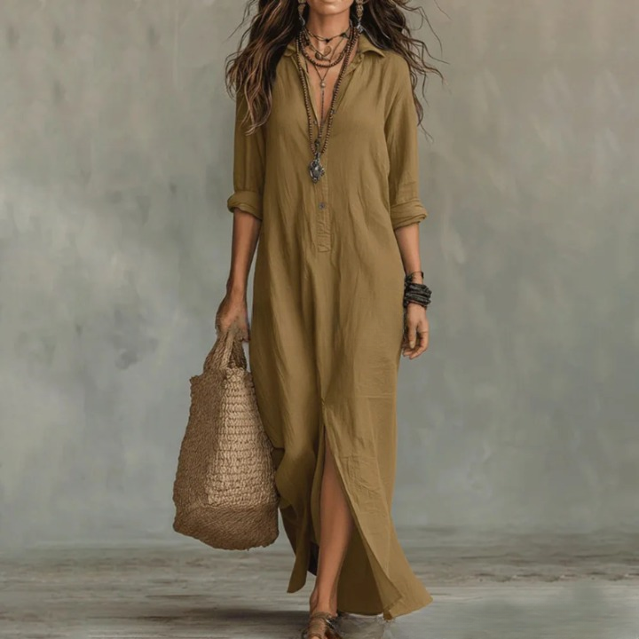 Collared Button Split Hem Casual Maxi Dress