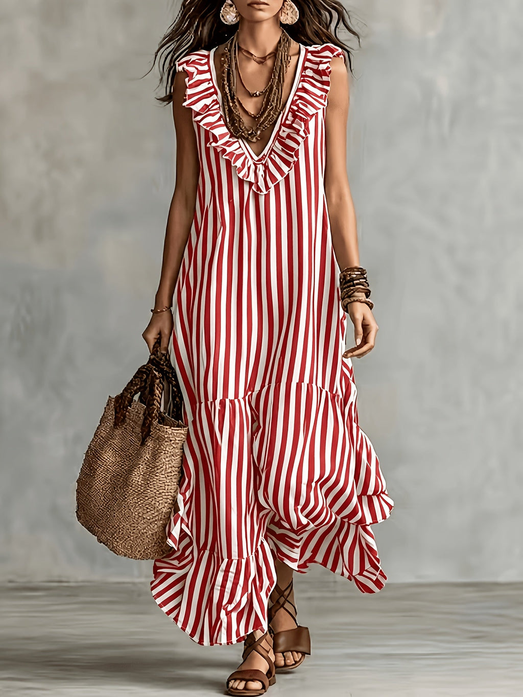Striped Ruffled V Neck Boho Maxi Dress for Vacation