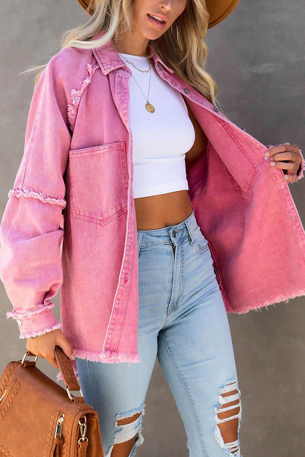 Oversized Frayed Denim Shirt Jacket for Casual Style