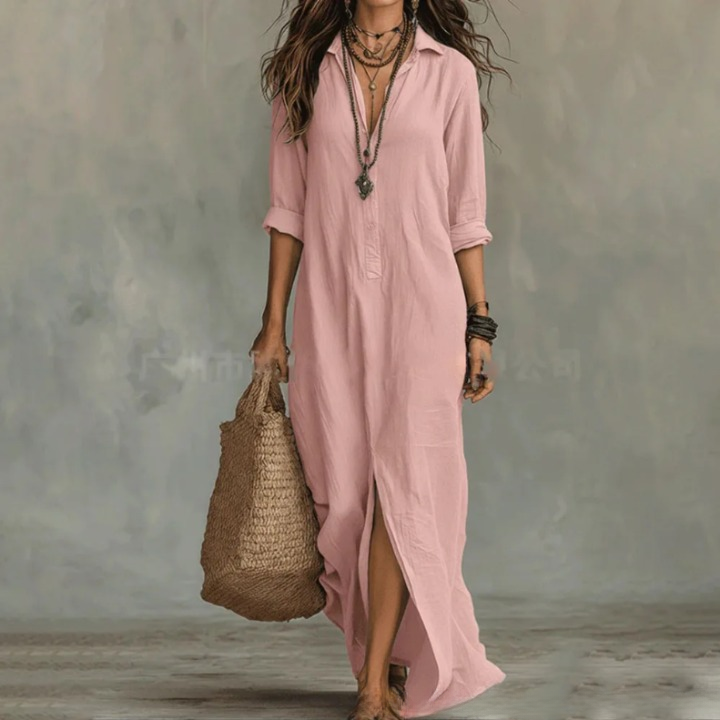 Collared Button Split Hem Casual Maxi Dress