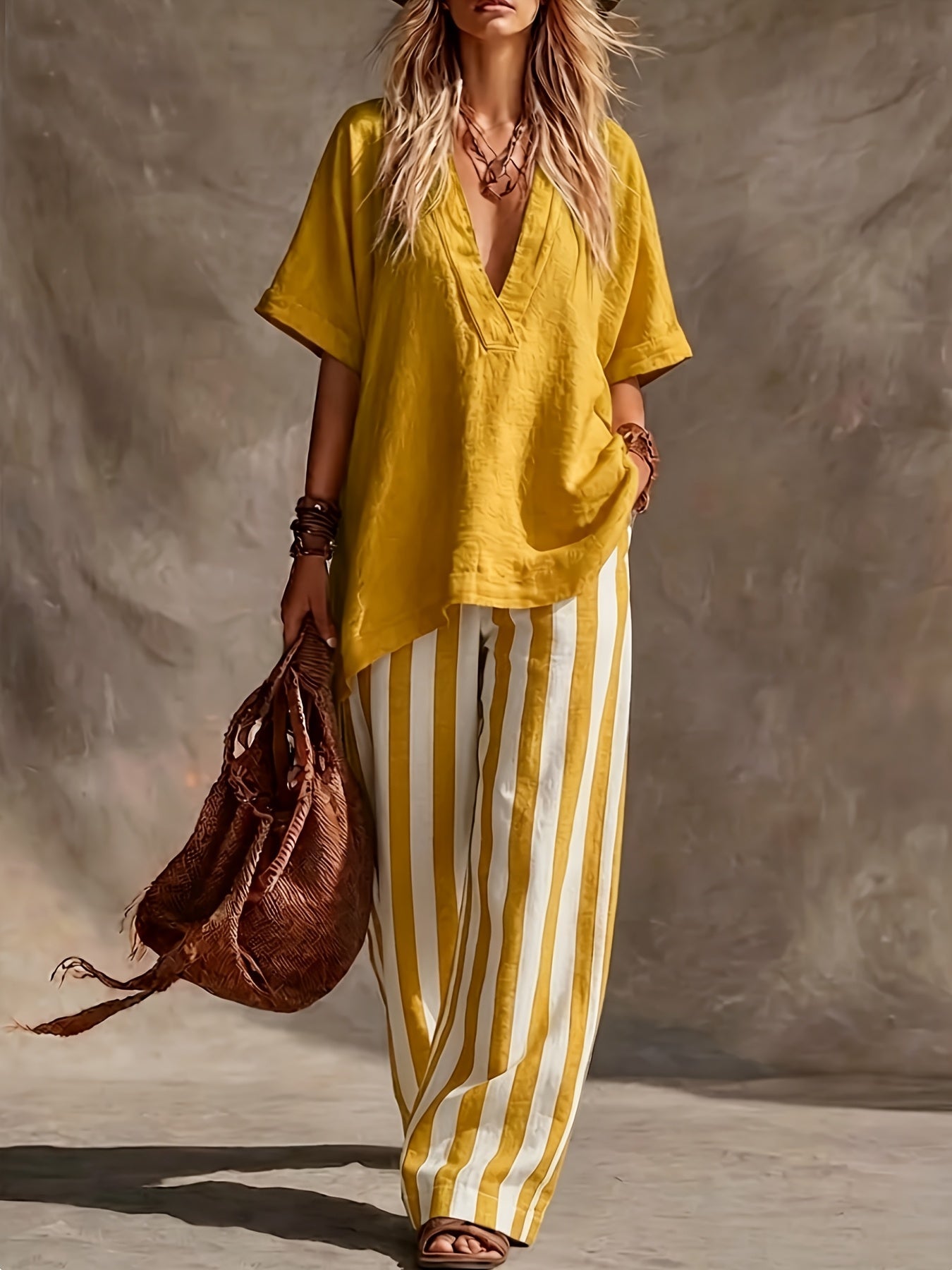 Linen V Neck Short Sleeve Top and Striped Wide Leg Pants Set