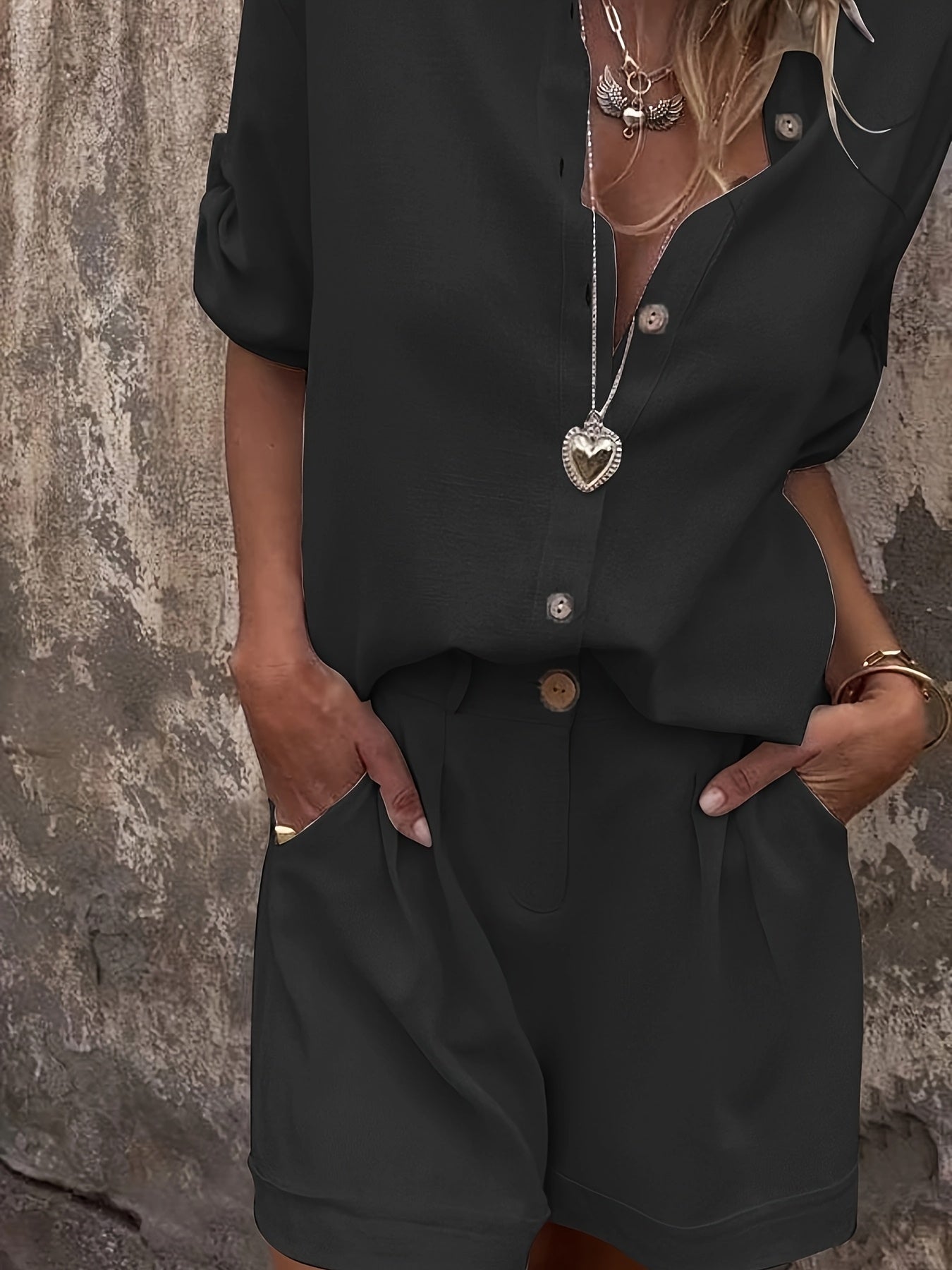 Shimmer Linen Collared Button Down Top and Short Set