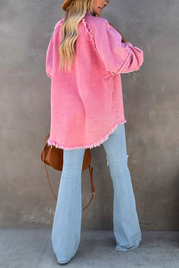 Oversized Frayed Denim Shirt Jacket for Casual Style